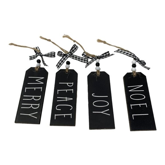 Christmas Mini Farmhouse Tag Ornament Set Of 4 Peace Joy Noel Checkered Ribbon - Picture 1 of 7